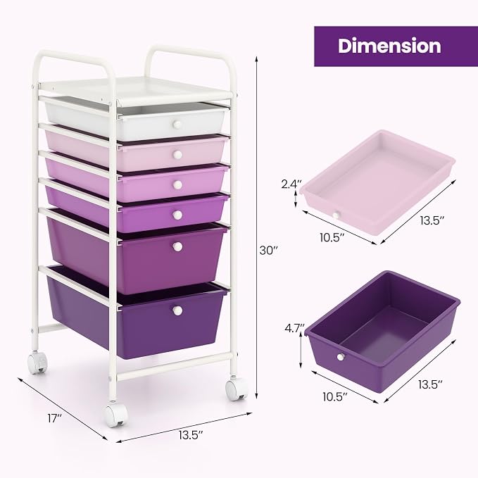 Giantex 6 Storage Drawer Cart Rolling Organizer Cart for Tools Scrapbook Paper Home Office School Multipurpose Mobile Utility Cart, Purple Gradient - Image 3