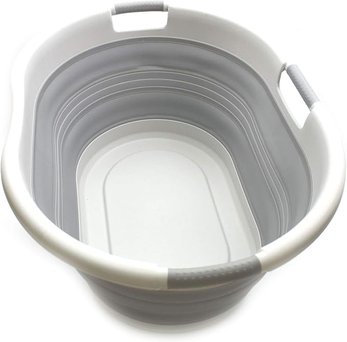 SAMMART 57L (15 Gallons) Collapsible 3-Handled Plastic Laundry Basket - Oval Tub - Portable Washing Tub-Space Saving Laundry Hamper, Water Capacity 44L / 11.6 Gallon (1, Grey) by SAMMART