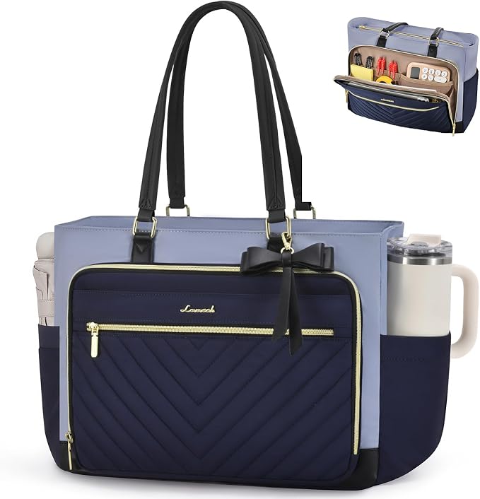 LOVEVOOK 17 Inch Tote Bag for Women, Work Bags Laptop Bag with Large Cup Holder, Quilted Nurse Bag Diaper Tote with Multi-Pockets, Large Computer Handbag Purse for Bussiness Travel by LOVEVOOK