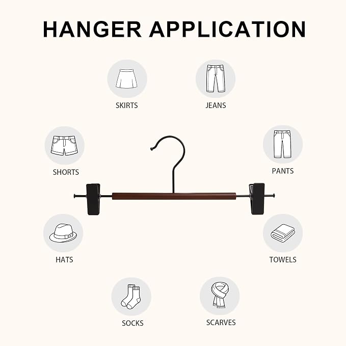 Wire Pants Hangers with Adjustable Clips, Black, 12-Pack | Wooden Skirt Hangers, Non-Slip Clamp Bottom, for Trousers, Jeans, Shorts & Clothing Organization - Image 5
