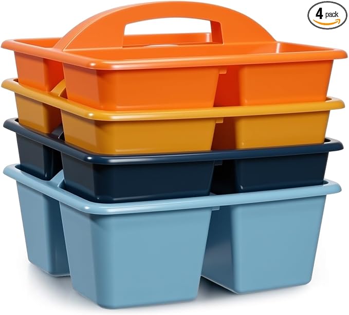 Kathfly 4 Pack Classroom Caddy Organizer with Handle, Plastic Art Craft Cleaning Caddy Bulk, Small Multipurpose Supply Organization Storage Basket for Table Desk Office Pencil Teacher (Blue Orange) by Kathfly