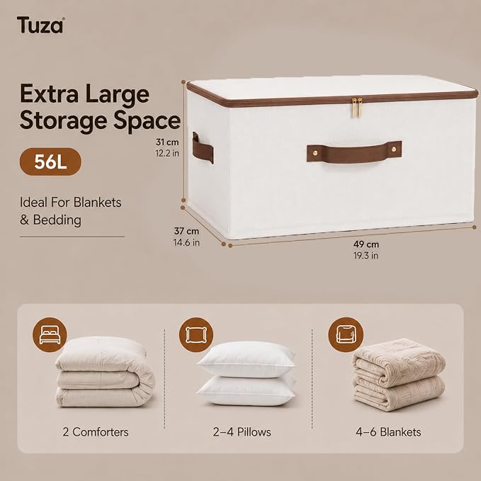 Tuza 3 Pcs Rigid Storage Bins with Zipper Lid, Cotton Linen Fabric Storage Boxes, Foldable Shelves Clothes Storage Cubes with Handles for Wardrobe, Closet(Beige, 56L) - Image 2
