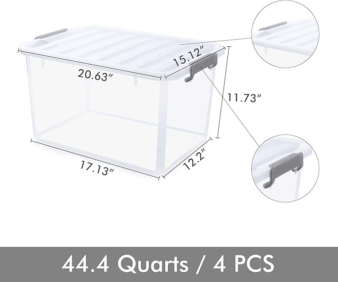 Citylife 44.4 QT Plastic Storage Bins with Latching Lids Stackable Storage Containers for Organizing Large Clear Storage Box for Garage, Closet, Kitchen, 4 Packs - Image 2