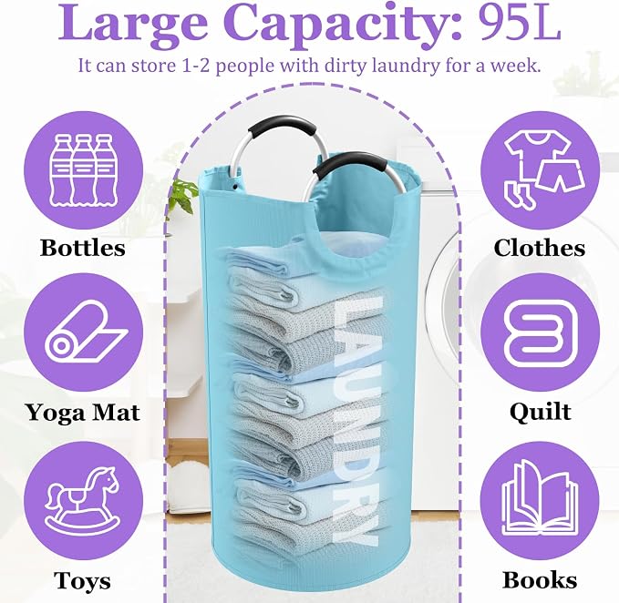 95L Foldable Blue Laundry Basket with Handles, Big Clothes Hamper for Bedroom, Dirty Clothes Basket Stand Upright, Portable Laundry Bag for Dorm, Nursery, Family, Blue - Image 2