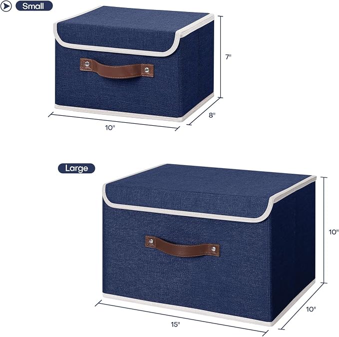 ANMINY Fabric Storage Box Bins with Lids, Blue, 10"x8"x7", 2 Pack | Keepsake Memory Storage, Cotton Linen, PP Board Reinforced, Washable, PU Handles, Foldable & Stackable, Decorative, Small - Image 5