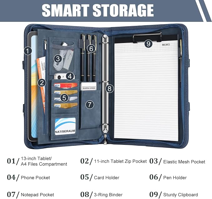 Portfolio Binder 3 Ring Includes Pen and 5 Dividers with 10 Pockets, Padfolio Organizer with Magnetic Handle for Men and Women, Includes A4 Notepad for Business, School, Work - Image 7