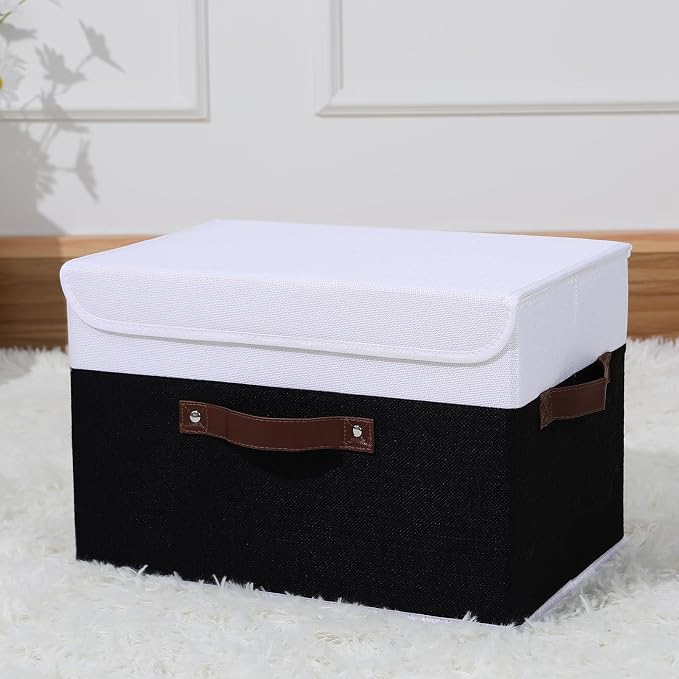 ANMINY Fabric Storage Box Bins with Lids, Black White, 15"x10"x10" | Keepsake Memory Storage, Cotton Linen, PP Board Reinforced, Washable, PU Handles, Foldable & Stackable, Decorative, Large - Image 6