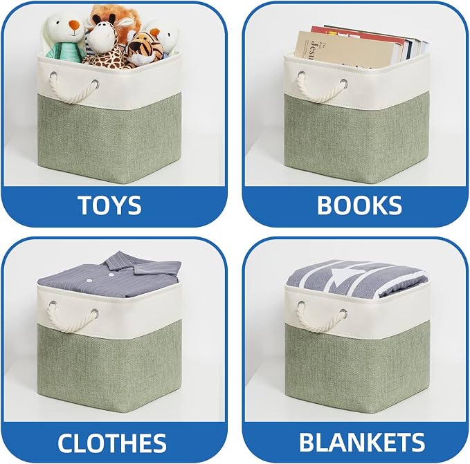 Temary Cube for Shelves 11 Inch Bin 4Pack Fabric Storage Baskets for Organizing Toys, Clothes, Decorative Baskets with Rope Handles (White&Green) - Image 5