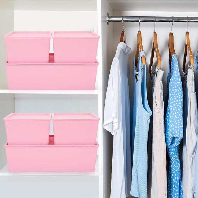 6 Pcs Large and Small Plastic Storage Bins with Lids 14.4 x 10.4 x 5.1 Inch Stackable Storage Containers Decorative Cubby Organizer for Clothes Shelves Garage Closet Office(Pink) - Image 6