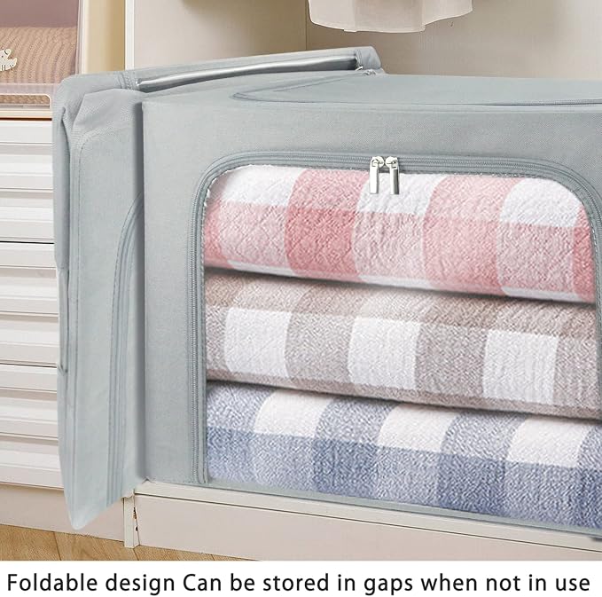Clothes Storage Box Bins Stackable Foldable Organizer,Sturdy Handles with Metal Frame for Clothing Bedding Shelves,Closet Container with Clear Window Zipper and Label Holder (Gray, 66L x3 Pack) - Image 6