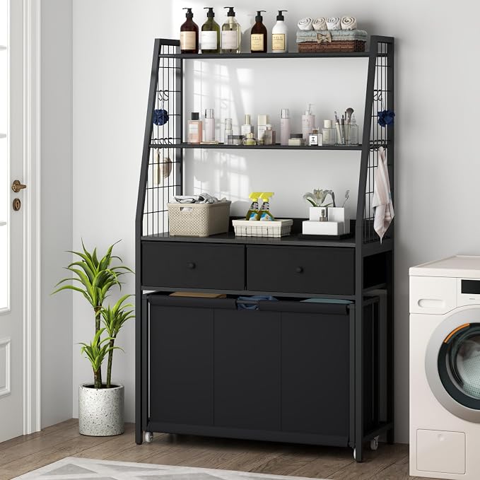 STIKELY Laundry Hamper Laundry Basket with 3 Section Pull-Out Rolling Bags & 2-Tier Storage Shelf, Laundry Sorter for Organization and Storage with 2 Drawers for Laundry Room, Bathroom - Image 8
