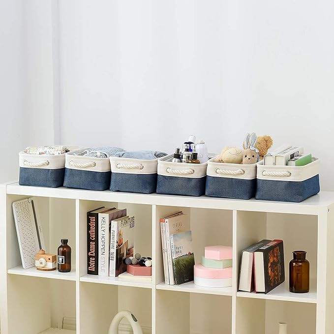 Storage Bins for Shelves - 12x8x5.2 inch 1 Pack Baskets for Gifts Empty, Fabric Storage Cubes for Closet Organizing Dog Gift Cloth Toy (White & Jean Blue) - Image 3