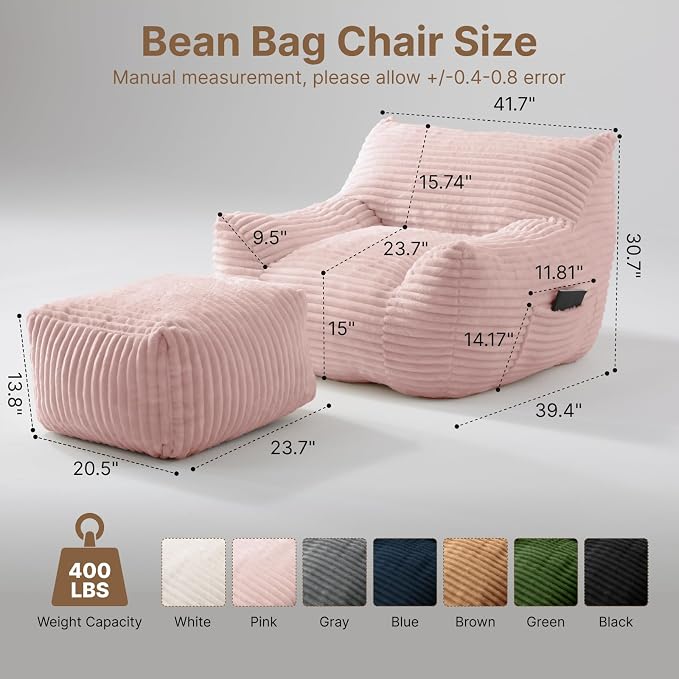 Oversized Bean Bag Chair with Ottoman, Bean Bag Couch with 2 Side Pockets, Corduroy Boneless Couch Chair in a Box, Comfy Lounge Chair for Living Room, Bedroom, Dorm, Pink - Image 2