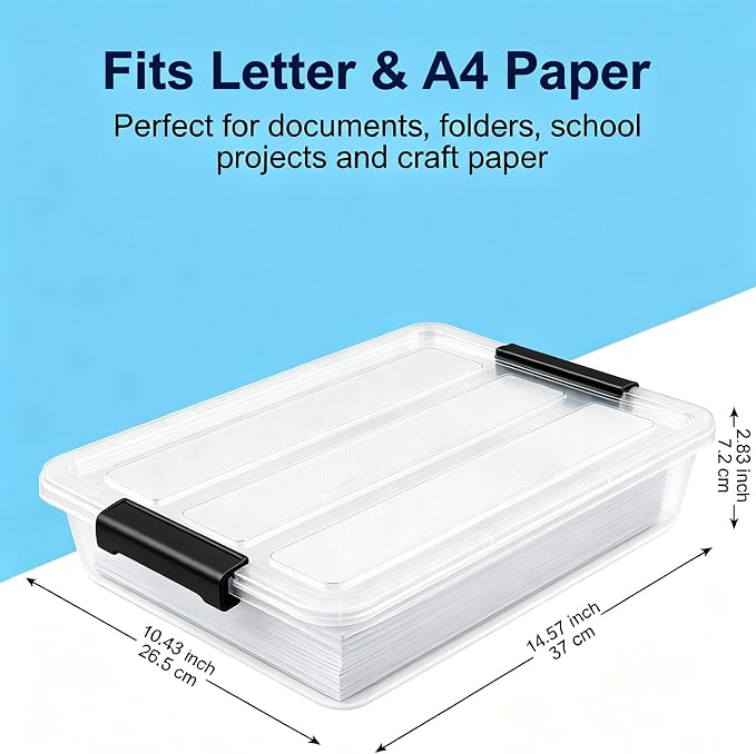EOENVIVS 4 Pack Clear Storage Bins with Lids, Stackable A4 & US Letter File Box Organizers, Craft Storage Bins and Sensory Bins for Classroom, Kids Art Supplies, Documents and Projects, Black Latches - Image 2