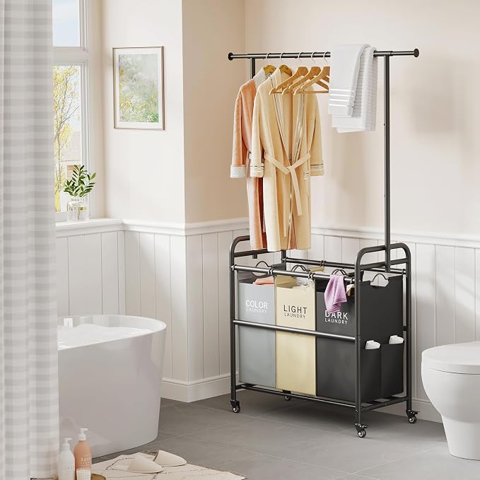 Laundry Sorter Cart with Hanging Clothes Rack, 3 Section, 3 Colors | 135L Laundry Sorter Hamper Cart with Heavy Duty Rolling Lockable Wheels and Removable Bags for Laundry Room, Apartment - Image 5