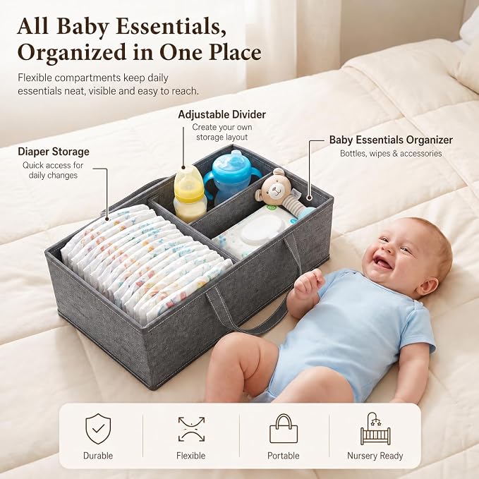 Baby Diaper Caddy Organizer Cart with Adjustable Shelf and Detachable Dividers, Grey 3 Tier Postpartum Carts on Wheels, Rolling Storage Cart for Baby Essentials, Newborn Must Haves, Bedside, Nursery - Image 5