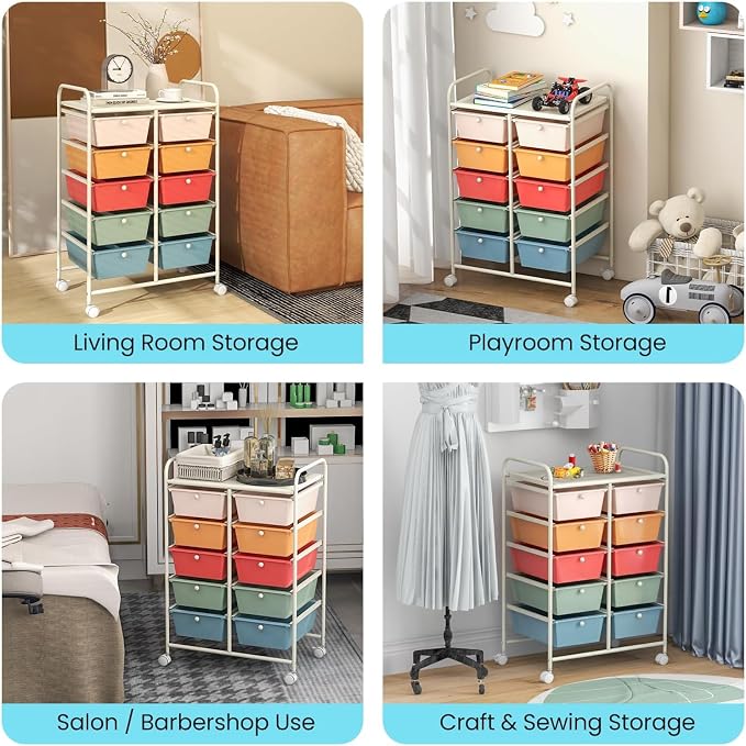 10 Drawer Rolling Cart, Storage Cart Organizer on Wheels, Drawer Cart with Metal Frame & Large Storage Capacity, Rolling Cart with Drawers for Living Room Classroom, Office - Image 9