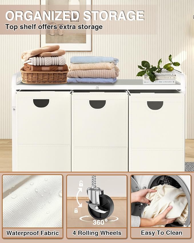 Laundry Hamper 3 Section,Laundry Basket with Wheels,3×15.8 Gal (60L) White | Laundry Room Organization with Wooden Desktop Shelf,Pull-Out and Removable 900D Oxford Fabric Laundry Bags for Laundry Room - Image 3