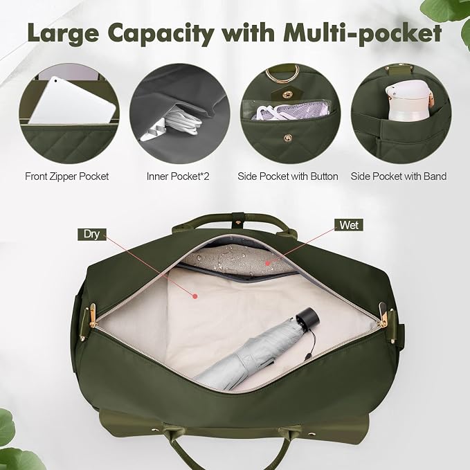 Travel Duffel Bag, Large Weekender Bag for Women with Shoe Compartment, Carry on Overnight with Toiletry Makeup Bag for Travel Gym Camping Hospital, Green - Image 3