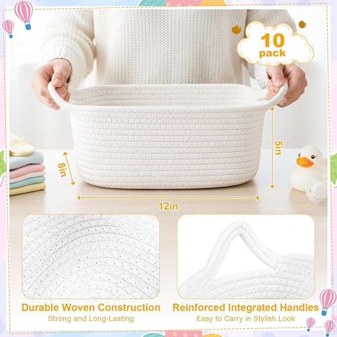 10 Pack Empty Gift Baskets, 12x8x5 Small White Woven Cotton Rope Baskets with Gift Bags & Ribbons, Decorative Baby Shower Hamper, Nursery Storage Basket with Handles for Shelves - Image 3