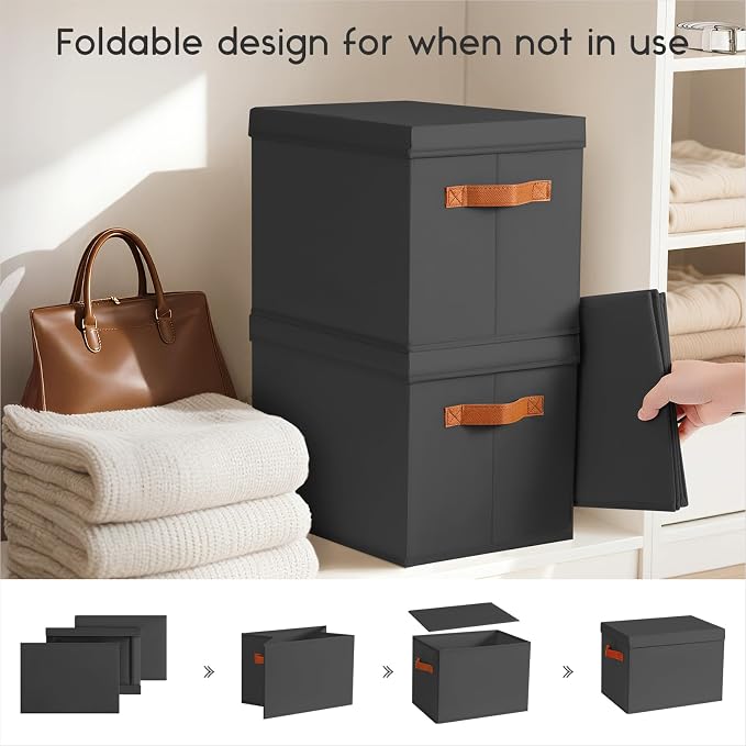 Storage Bins with Lids - Large Fabric Closet Bins with Lid, 6 Pack Clothes Organizers and Storage, Collapsible Stackable Cube Basket for Home, Office, Dorm, Black - Image 3