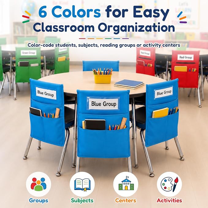 LACCHOUFEE Chair Pockets for Classrooms, 16" X 19" Seat Pockets for Classroom Chairs K-2, 12 Pack Chair Bags Organizer with Name Tag for Student Classroom Chair Back Storage in School, Multicolor - Image 6