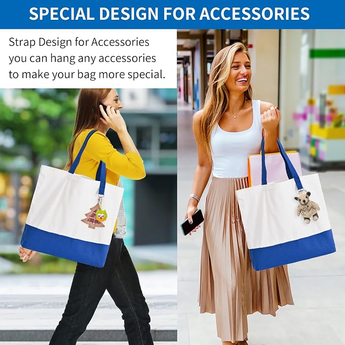 1 Pack Canvas Tote Bag with Zipper, Large Grocery Tote, Royal Blue | Reusable, washable, inner pocket, flat bottom, sturdy handle, for sublimation DIY/transfer, travel/beach/gift/Christmas craft - Image 2