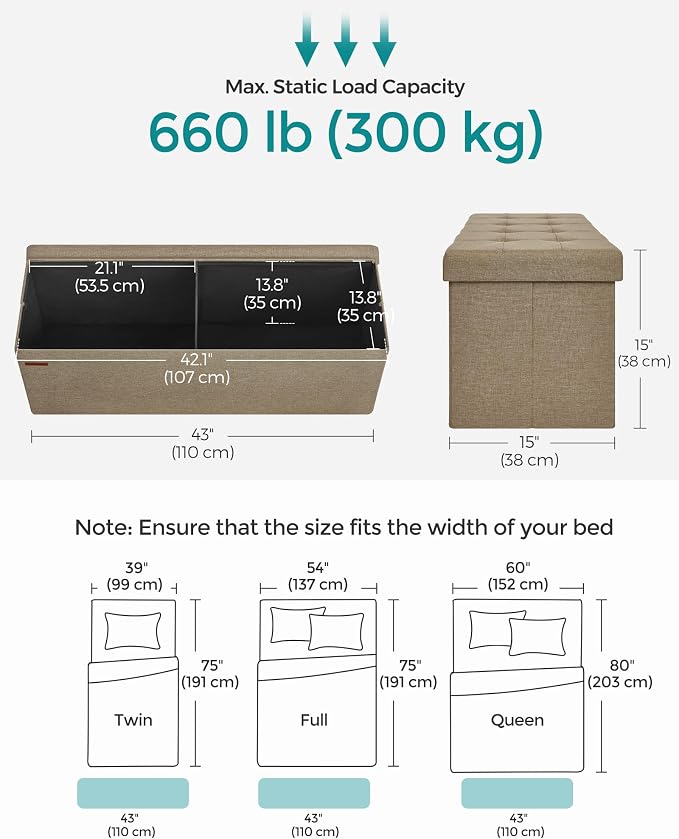 SONGMICS 43.3 Inches Folding Storage Ottoman Bench, Load 660 lb | Ottoman Foot Rest, Storage Chest, for Living Room, Entryway, Tan and Ink Black, MINOTA Collection ULSF077R01 - Image 2