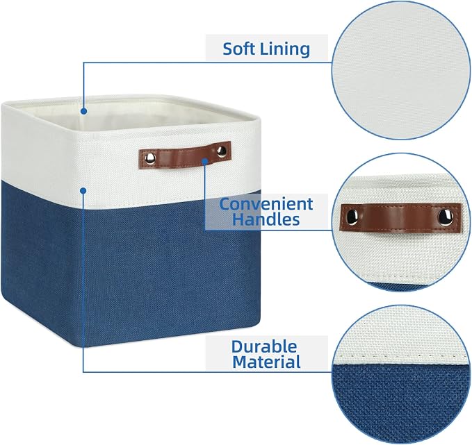 Temary Fabric Storage Cubes 4Pack Blue Fabric Storage Baskets 12 Inch Cube Storage Bins with Handles for Organizing Closet (White&Blue) - Image 3