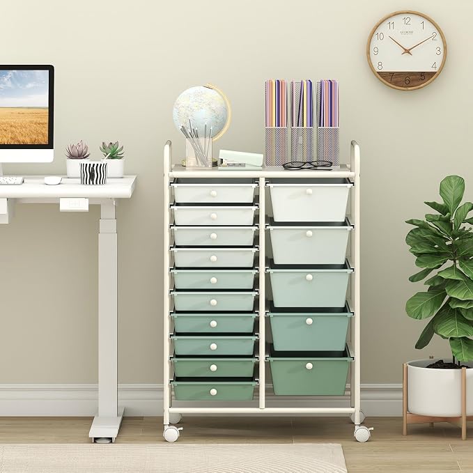 Giantex 15 Drawers Rolling Cart, Classroom Organizers, Storage Cart with Wheels, for Teacher Office Home School Supplies Tool Craft Art Paper, Green Gradient - Image 6