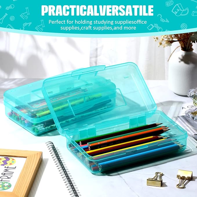 Fainne 24 Pack Clear Plastic Pencil Box,Cyan | Stackable Organizer for School Supplies, Large Case for Crayons Markers, Snap-lid Keeps Stationery Secure, Bulk Set - Image 3