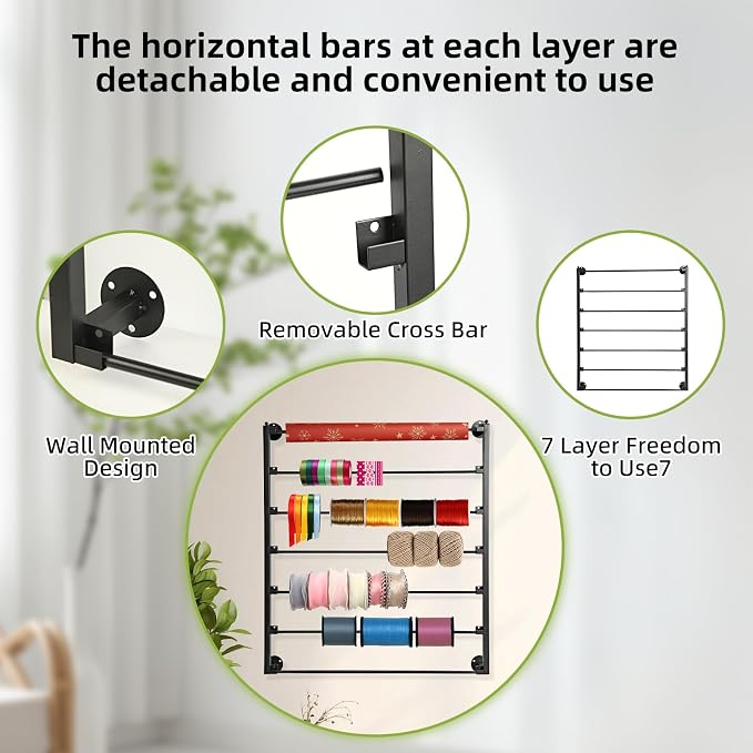 7 Tier Wall Mount Ribbon Organizer, Metal Rack for Craft Room | Wall mounted ribbon holder ideal for flower shops, stores, wrapping paper, scarf, tie, belt, towel storage - Black - Image 4