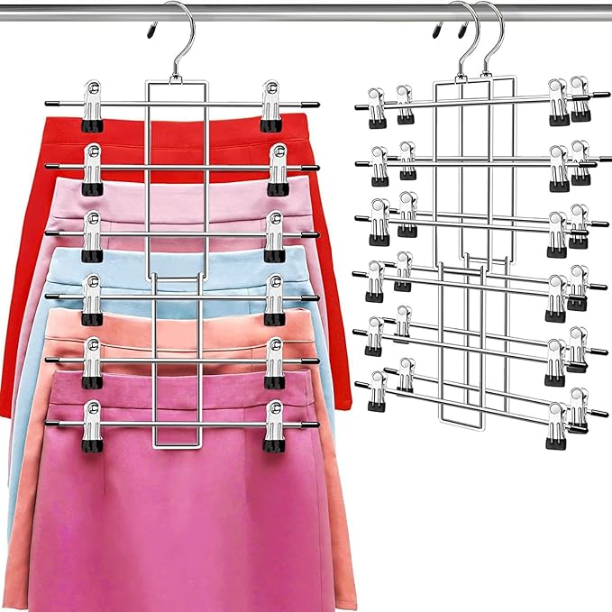 Pants Hangers with Clips,Space Saving Hanging Closet Organizer-6 Tiers Skirt Hangers with 360° Swivel Hook,Closet Organizer-Clothes Hangers- College Dorm Essentials Apartment Essentials-2 Pack by Lumigens