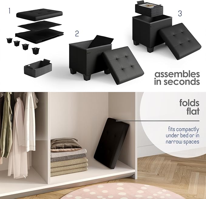 Storage Ottoman Cube with Small Bin, 15-in Square Ottoman with Storage for Living Room and Bedroom, Small Ottomans Foot Rest, Faux Leather Foot Stools Ottomans Max 330lbs, Black - Image 3