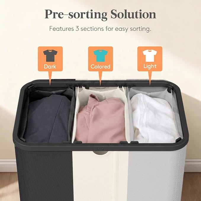 Lifewit 185L 3 Section Laundry Hamper with Lid, Black/Gray/White | Large Foldable Laundry Sorter with 3 Removable Bags, Tall Clothes Hamper for Bedroom and Bathroom - Image 3