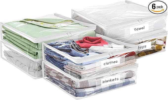 Plastic Storage Bags with Easy-Glide Zipper, Pack of 6, Durable Clear Vinyl Zippered Storage Bags for Clothes Sweaters Comforters Blankets Sheets Bedding (15.7 x 13.8 x 2.5 Inch, Transparent White) by Kikerike