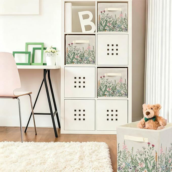 6 Pcs Wild Floral Cube Storage Bins 12.5 Inch Flower Storage Basket with Handle, Beige Collapsible Fabric Box for Classroom Bedrooms Office Home Decoration - Image 4