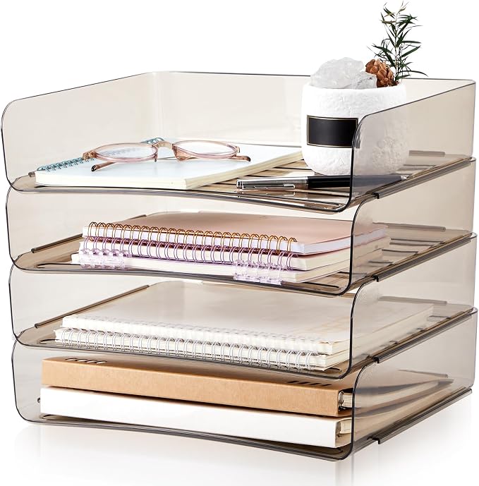 Harloon 4 Tier Clear Gray Acrylic Paper Organizer Letter Tray, Aesthetic Stackable Desk File Organizer Holder Office Tray for A4, Modern Home Office File Pad Books Notes, 13 x 9.8 x 3 Inches by Muasung