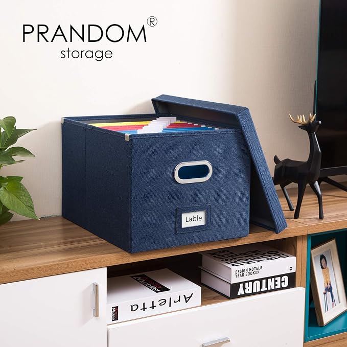 File Organizer Box - Set of 4 Collapsible Decorative Linen Filing Storage Hanging File Folders with Lids Office Cabinet Letter/Legal Size Navy Blue 17.1x14x11.1 inch - Image 3
