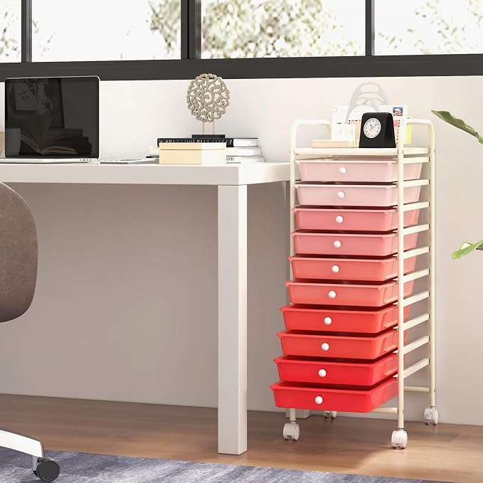 GOFLAME 10-Drawer Rolling Storage Drawer Cart, Utility Cart with Removable Drawers & Metal Frame, Mobile Art Craft Drawer Cart with Lockable Wheels for Home, Office, Studio, School, Pink - Image 2