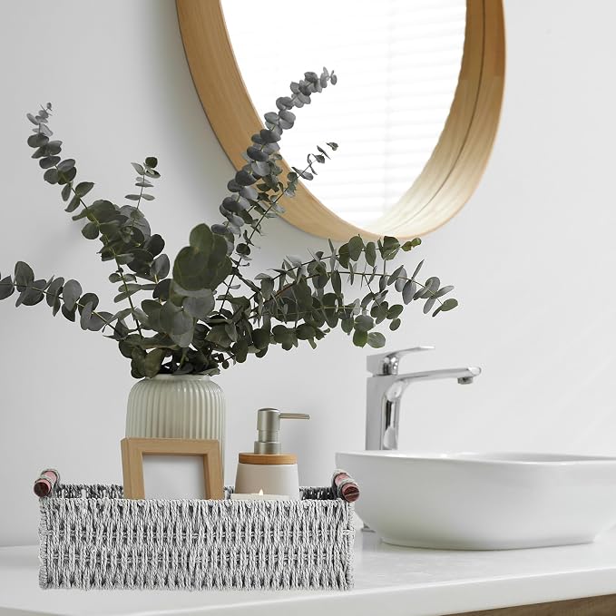 Boao 3 Pcs Boho Storage Wicker Baskets Handmade Woven Decorative Paper Rope Baskets for Organizing with Handle Countertop Toilet Paper Storage Container for Toilet Tank Top(Light Grey,Rectangle) - Image 5