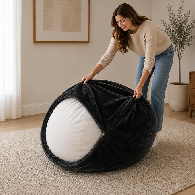 ULTIMATE SACK | 4 Ft Bean Bag Chair Replacement Cover Only | Black Fur | Removable Washable Cover only by ULTIMATESACK