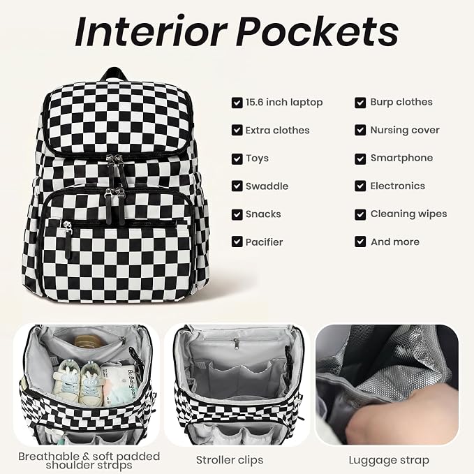 FHELAD Checkered Diaper Bag Backpack with Changing Pad & Stroller Clips | Baby Diaper Bag, Baby Shower Gifts, 4 Insulated Bottle Holders, Wet Wipe Pocket, Luggage Strap - Image 5