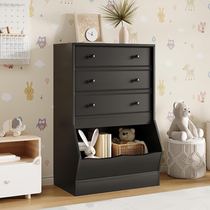 MHOM Toy Storage Organizer with Open Cube, Kids Bookshelf and Toy Storage with PU & Non-Woven Fabric Drawers, Small Book Shelf for Kids Rooms, Playroom and Nursery, Black by MHOM