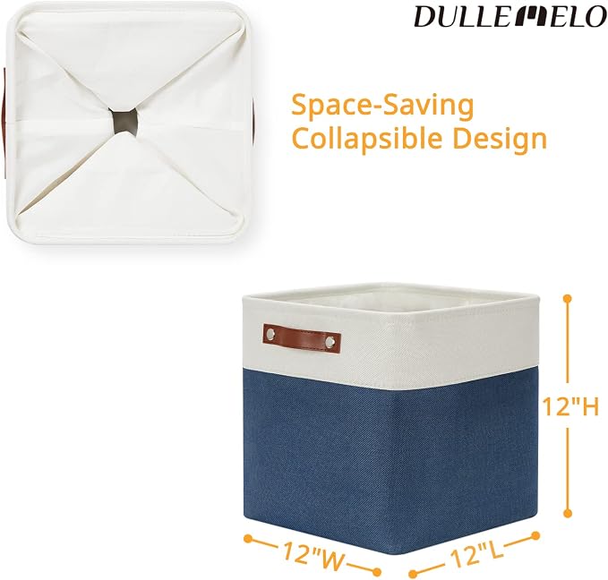 DULLEMELO Foldable Storage Cubes 12 x 12 Organizer Bins,Canvas Storage Bins Empty Gift Baskets for Organizing with SturdyLeather Handles, Closet Baskets for Nursery Storage(4 Pack - 12" White&Blue) - Image 2