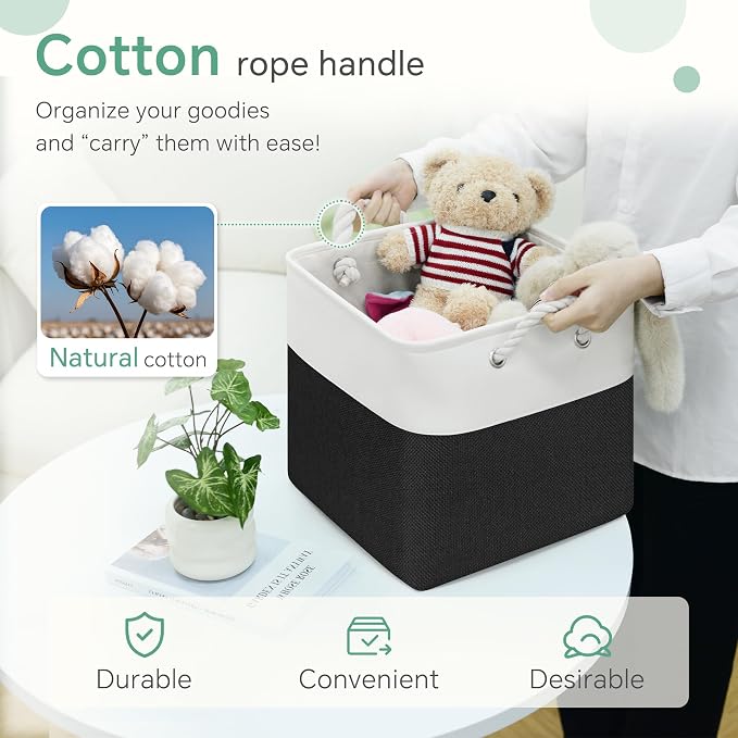 FinishingBo 11 inch Cube Storage Bin with Handles 6 Pack | Foldable Basket, Fabric Storage Bins, Closet Storage, Home Organizer (White/ Black) - Image 5