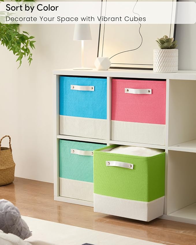 Cube Storage Bins | 13"x15"x13", Macaron & White, 4 Pack | Multi-Size | 2X Thick Support Board | Vegan Leather Handles | 7.7 oz/yd² Fabric | Drawer Insert Basket Fits KALLAX - Image 2