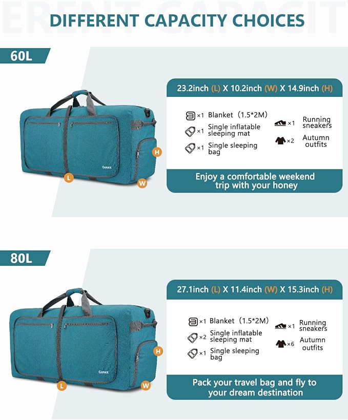 Gonex 80L Foldable Travel Duffle Bag with Shoe Compartment, Lightweight | 210D Nylon, Water-Repellent, Folds Compact, Multiple Pockets, Luggage Sleeve, Weekend Trips & Camping, Teal - Image 2