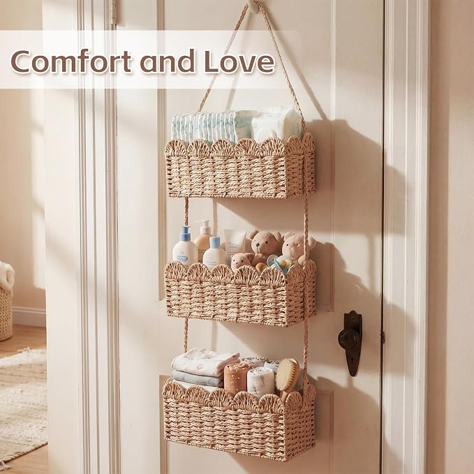 Qunclay Over The Door Hanging Basket 3-tier Decorative Hanging Nursery Baskets Large Baby Diaper Caddy Wall Mounted Woven Organizer for Home Bedroom Living Room Baby Shower Gifts - Image 4