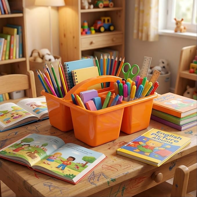 Kathfly 4 Pack Classroom Caddy Organizer with Handle, Plastic Art Craft Cleaning Caddy Bulk, Small Multipurpose Supply Organization Storage Basket for Table Desk Office Pencil Teacher (Blue Orange) - Image 4